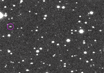A sequence of four images, taken roughly 11 minutes apart, reveals the movement of asteroid 2014 AA when it was discovered in northern Orion early on January 1st (Universal Time). The 19th-magnitude object struck Earth 25 hours later. Catalina Sky Survey / NASA