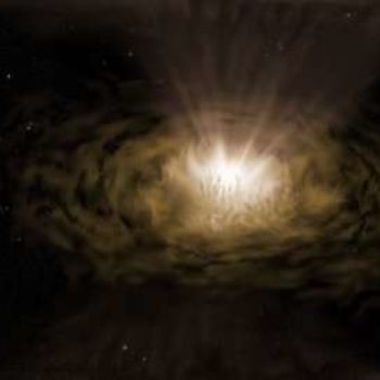 An artist’s impression of what an active galactic nucleus might look like at close quarters. The accretion disk produces the brilliant light in the centre. The broad-line region is just above the accretion disk and lost in the glare. Dust clouds are being driven upwards by the intense radiation. Credit: Peter Z. Harrington