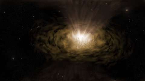 An artist’s impression of what an active galactic nucleus might look like at close quarters. The accretion disk produces the brilliant light in the centre. The broad-line region is just above the accretion disk and lost in the glare. Dust clouds are being driven upwards by the intense radiation. Credit: Peter Z. Harrington