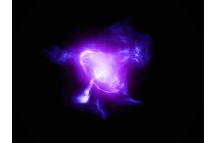 This image of the Crab Nebula combines data from NASA’s Imaging X-ray Polarimetry Explorer (IXPE) in magenta and NASA’s Chandra X-ray Observatory in dark purple.